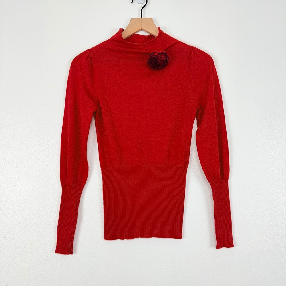 Anthropologie Moth Rosette Mock Neck Sweater Size S Red Wool Cashmere Blend - Picture 2 of 16